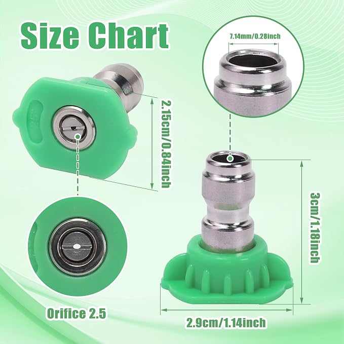 Pressure Washer Tips, 7 Pack Power Washer Nozzle Tips, 25 Degree Green, 1/4 Inch Quick Connect, 4000 PSI