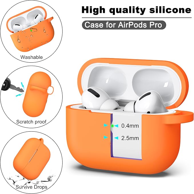 R-fun for AirPods Pro 2 Case, Soft Silicone Protective Cover with Keychain and Cleaning Pen, Compatible with AirPods Pro 2nd/1st Generation, Supports Wireless Charging, Orange
