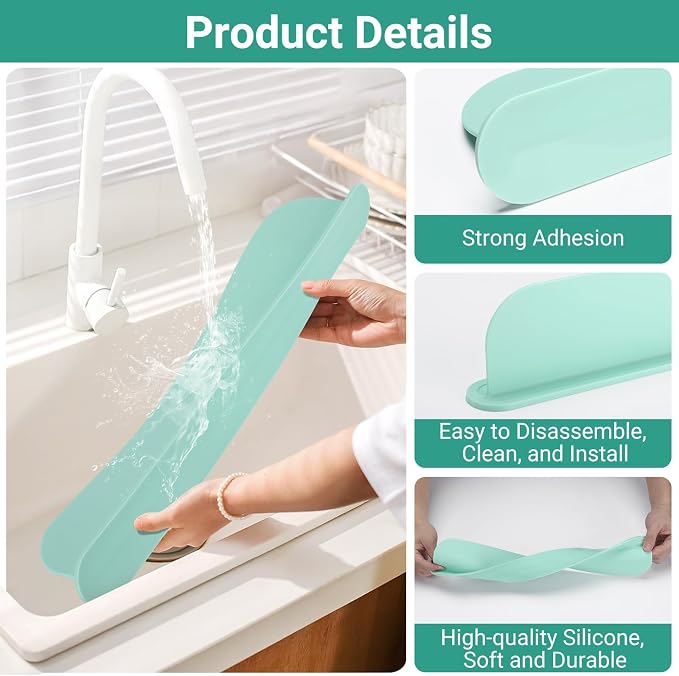 19.3 inch Kitchen Sink Splash Guard, Silicone Sink Baffle Splash Guard, Backsplash Protector for Kitchen Countertop & Bathroom Bathtub with Non-Slip Strong Suction, Mint Green