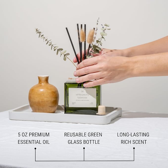 Craft & Kin Premium Mayan Copal Reed Diffuser – 3.4 oz Natural Essential Oil Diffuser for Home & Bathroom – Long-Lasting Fragrance with Rattan Scent Sticks – Green Glass Room Decor