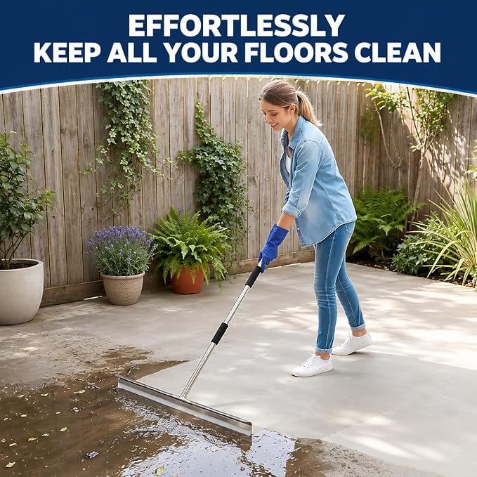 Large Floor Squeegee, 304 Stainless Steel Heavy Duty Water Removal Tool | 304 Stainless Steel Construction, 33.4" Wide Silicone Blade, Heavy Duty Design, Anti-Splash Baffle, Anti-Loosen Screws