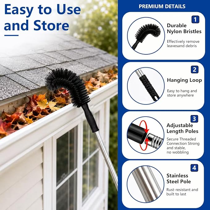 Gutter Cleaning Tools from the Ground, 10.5 FT Long Reach Gutter Cleaning Tool with Adjustable Stainless Steel Pole, No Ladder Needed Gutter Cleaner Tool for Roof Gutters, Removes Leaves, Pine