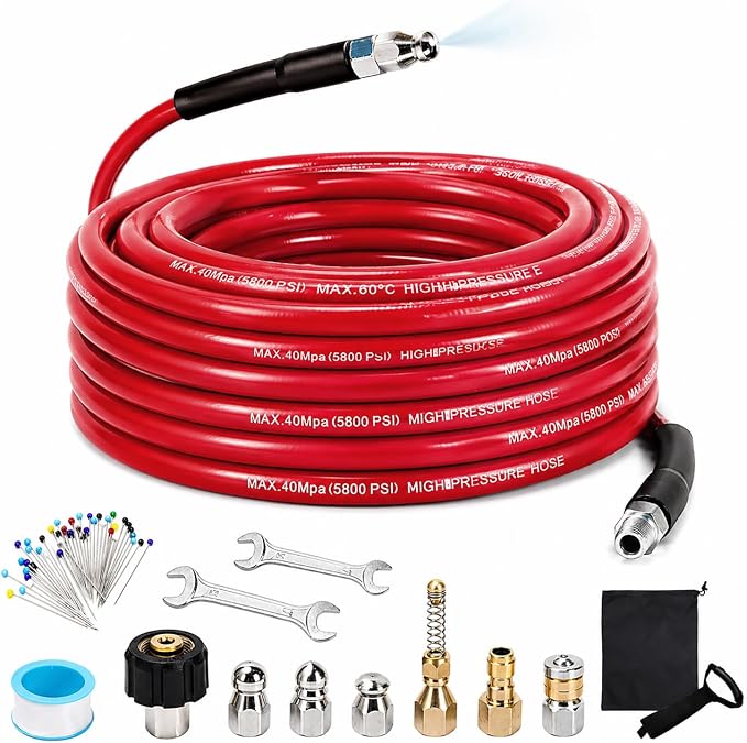 Sewer Jetter Kit for Pressure Washer, 50FT 5800 PSI Drain Cleaner Hose with 1/4" NPT Corner, Rotating and Button Hose Sewer Jetting Nozzle, Waterproof Tape, Pearl Corsage Pin, Spanner, Glove