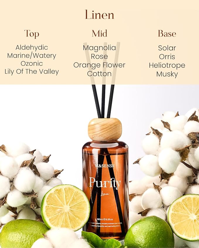 M&SENSE Reed Diffuser Set, Linen, 6.3 oz Natural Essential Oil | Non-Toxic Organic, Long-Lasting Fragrance, Ideal for Laundry Room, Bedroom, Gifts for Women