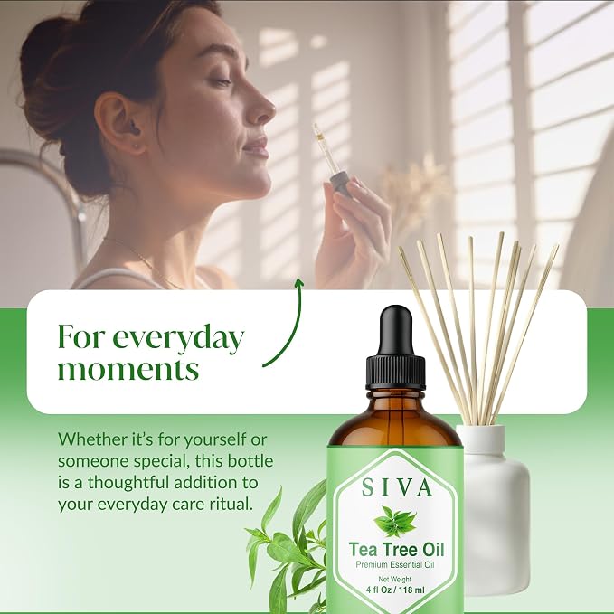 Siva Tea Tree Essential Oil, Glass Bottle with Dropper, 4 Fl Oz (118 ml) | Tea Tree Oil for Hair Care, Scalp Care, Face Care, Skin Care, Nail Care, Diffuser, Humidifier, Soap Making & DIY Blending