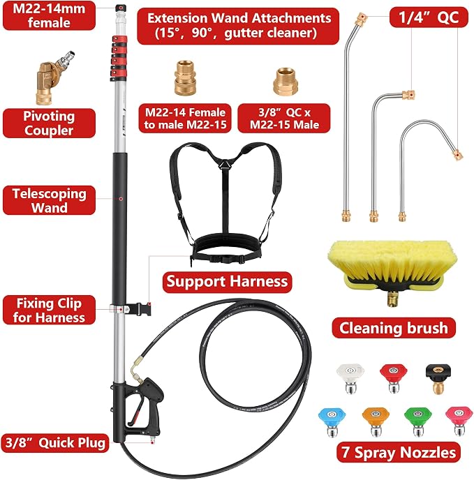 24 FT Gutter Cleaning Tools from The Ground - Telescoping Pressure Washer Wand - Gutter Cleaner Attachment with Power Washer Extension Wands, 7 Spray Nozzle Tips, 3 Hose Adapters and Support Belt