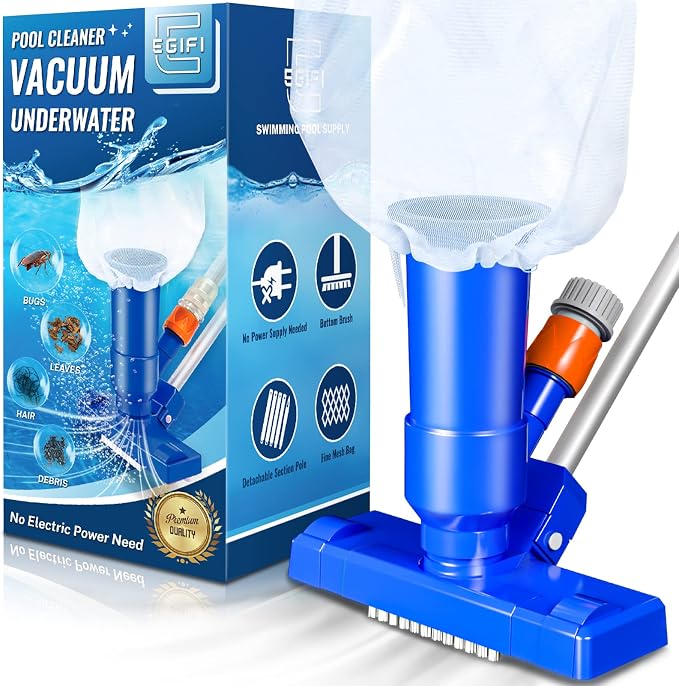 Portable Pool Vacuum for Above Ground/Inground Pool, Pool Cleaner Vacuum with 3 Scrub Brushes, Pool Leaf Vacuum & Nylon Mesh Net, Pool Cleaners for Swimming Spa Fountain Pond Hot Tub, Pure Blue