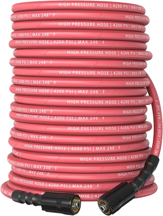 Pressure Washer Hose 100 ft, 4200 PSI Flexible & Kink-Resistant, Steel-Braided & Durable, High Power Washer Hose with M22-14mm Stainless Steel Plug, Hot/Cold Water Compatible - 100 Foot, Red