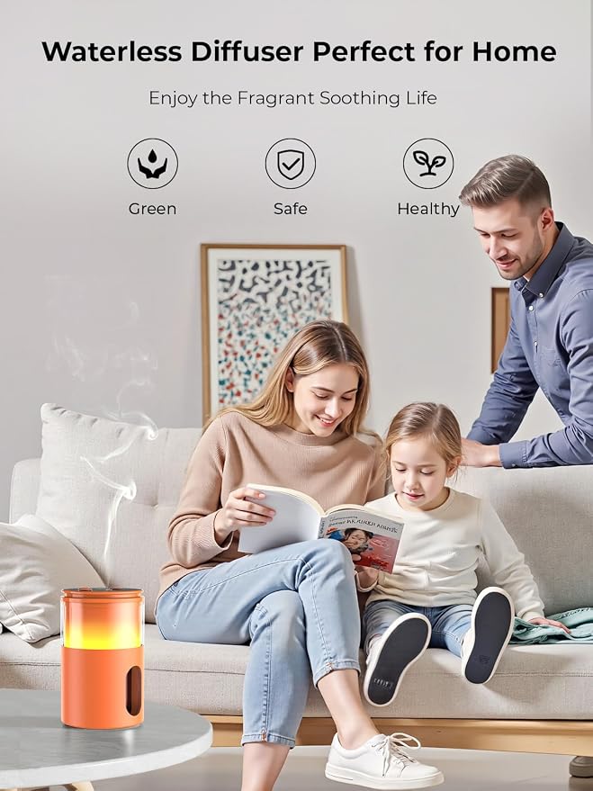Waterless Essential Oil Diffuser: 𝟗-𝐂𝐨𝐥𝐨𝐫 𝐋𝐄𝐃 Orange | Portable Scent Diffuser - No Water No Heat For Pure Aroma - 48H Battery 3 Mist Levels & 4 Timers for Car Office