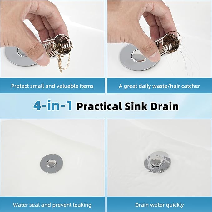 Universal Metal Bathroom Sink Drain Strainer Hair Catcher Upgraded 3 in 1 Pop-up Sink Stopper, with Detachable Stainless Steel Filter Basket, Fit for Standard 1.1''~2.36'' Basin Hole, Chrome