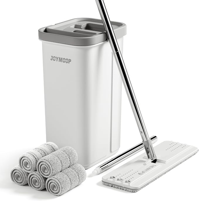 JOYMOOP Flat Mop System, Microfiber Mop and Bucket Set, White, Hands-Free Floor Cleaning Set with Wringer, 60" Handle, Wet and Dry Use, 5 Reusable Pads