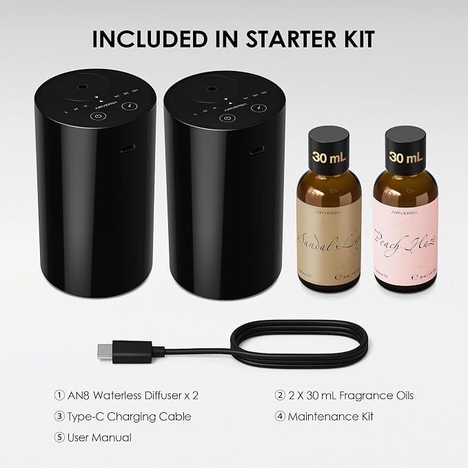 Airversa Waterless Essential Oil Diffuser Starter Kit with 2 x 30mL Fragrance Oil, Battery Operated Mini Scent Air Machine Portable Diffuser for Home Car Office Room, Black AN8 2Packs Kit