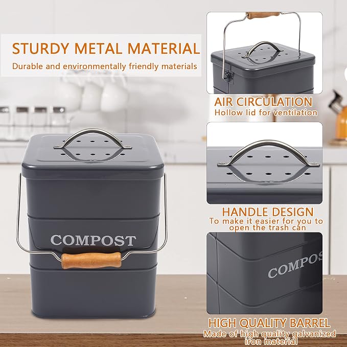 Stainless Steel Compost Bin, 1 Gallon, Kitchen Countertop Compost Bin, Includes Charcoal Filter, Compost Bucket Kitchen Pail Compost with Lid, Gray