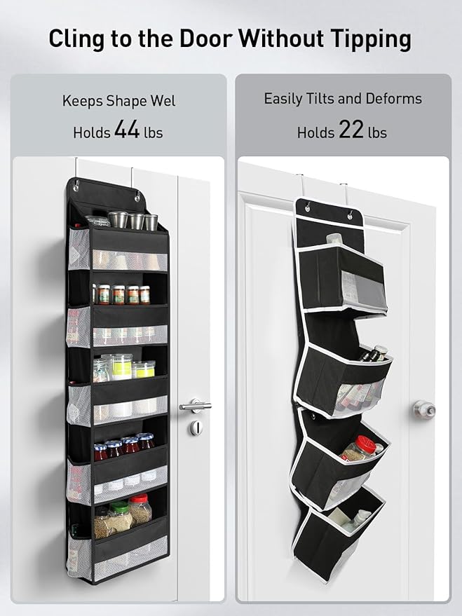 Yecaye 2 Pc Over the Door Organizer with 5 Bins 10 Side Pockets, 44lbs Load Hanging Bathroom and Bedroom Organizer, behind the Door Hanging Organizers for Nursery Newborn Baby Essential Stuff Black