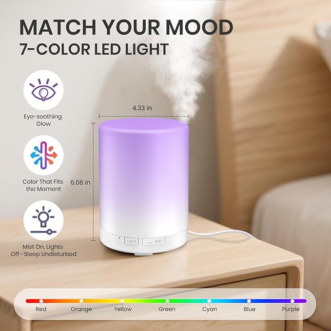 URPOWER 300mL Essential Oil Diffuser Ultrasonic Aromatherapy Diffuser | Quiet Diffuser with Auto-off Protection, 7-Color LED Light & 4 Timer Settings Humidifier for Yoga Bedroom Living Room Office