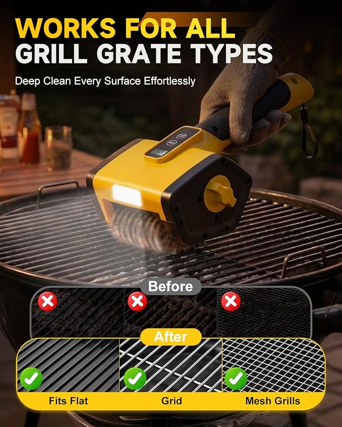 Electric Grill Brush, 800RPM Powerful BBQ Grill Cleaner with Digital Display, 360° Adjustable Angle, 240-Min Runtime, 4000mAh Variable Speed Grill Brush with Stainless Steel Head for Outdoor Grill