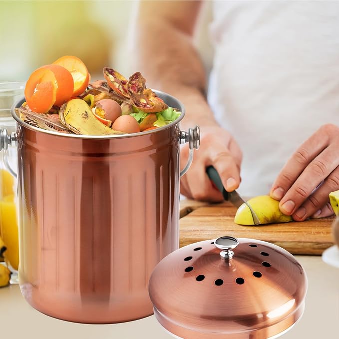ENLOY Compost Bin for Kitchen Countertop, 1.3 Gallon Matte Copper Stainless Steel Compost Bucket with Lid, Odorless Food Waste Bucket with 2 Charcoal Filters, Indoor Compost Pail with SOFT-GRIP Handle
