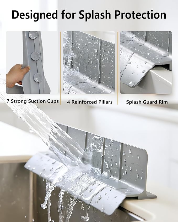 23 Inch Silicone Sink Splash Guard - Kitchen Sink Water Splash Guard with Strong Suction Cups, Removable Splash Guard for Sink, Washbasin & Bathtub - Gray