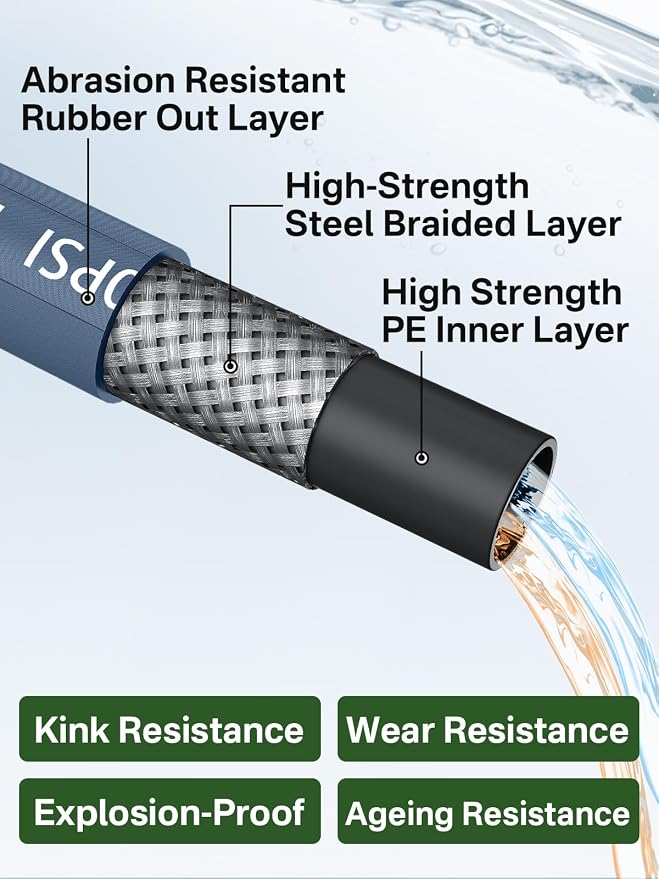 3/8" 4800PSI Pressure Washer Hose 50FT with Swivel Quick Connect for Cold/Hot Water Max 248°F, Kink Resistant Steel Wire Braided, Wear Resistant Power Washer Hose with M22 14mm Adapter