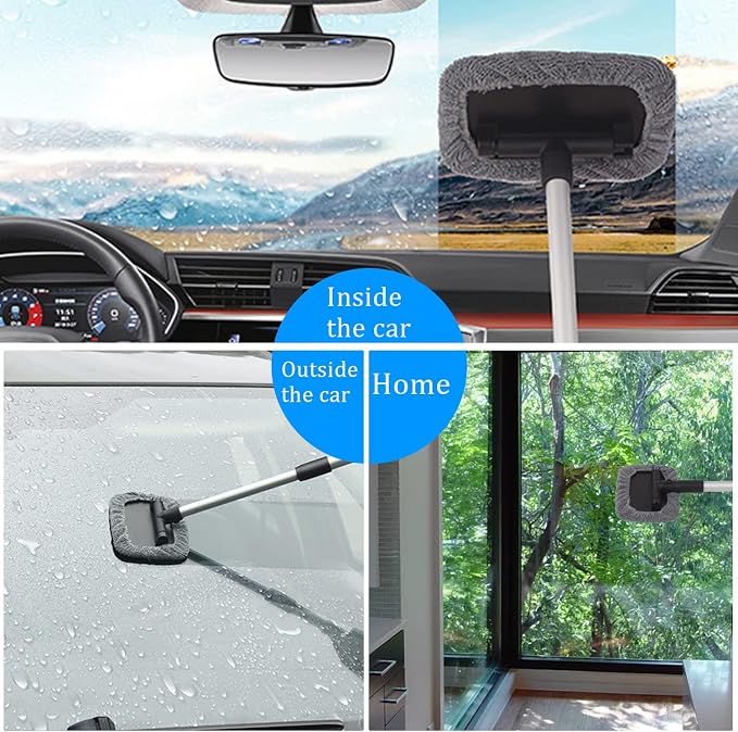 Car Glass Cleaner Wiper,Windshield Cleaning Tool, Microfiber Window Cleaner with Extendable Handle,Auto Glass Wiper Kit(Blue Square)