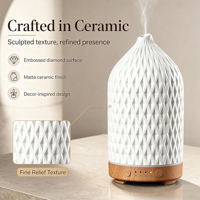 200ML Ceramic Essential Oil Diffuser for Home, Stone Diffuser | Ultrasonic Aromatherapy Diffuser & Air Humidifier for Bedroom, Office, Yoga, 7 LED Lights, Auto Shut-Off, 3 Timers, Rhombus