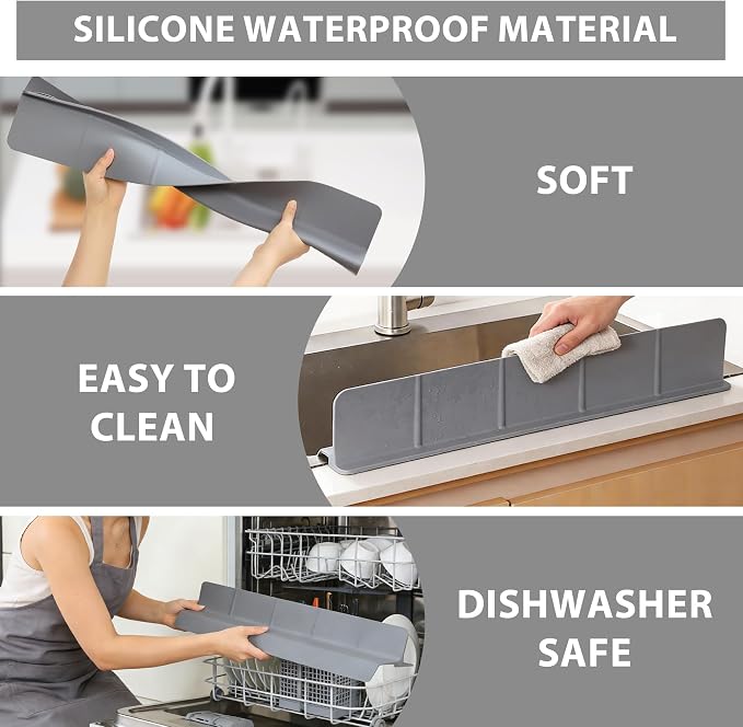 18Inch Sink Splash Guard – Extended Length & Tall Silicone Kitchen Sink Splash Guard with Overhang Drainage Design & Strong Suction Cups for Countertop(Dark Grey, 18''x3.5'')