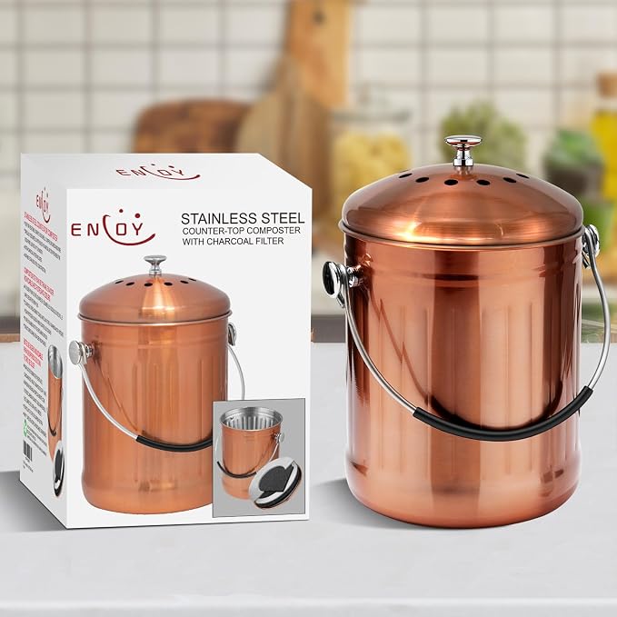 ENLOY Compost Bin for Kitchen Countertop, 1.3 Gallon Matte Copper Stainless Steel Compost Bucket with Lid, Odorless Food Waste Bucket with 2 Charcoal Filters, Indoor Compost Pail with SOFT-GRIP Handle