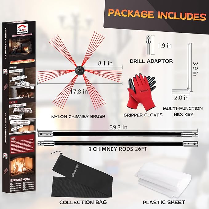 26 Feet Chimney Sweep Kit, Chimney Cleaning Kit with 8 Flexible Black Chimney Rods, Chimney Brush for Sweeping Fireplace, Rotary Chimney Cleaning System Driven by Drill