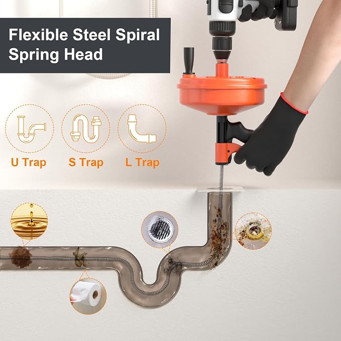 【2026 Newest】50 FT Drain Snake, Plumbing Snake Drain Auger Hair Clog Remover, Flexible Plumbing Snake Use Manually or Powered for Kitchen,Bathrom and Shower Sink Gloves for L-Type Sewer