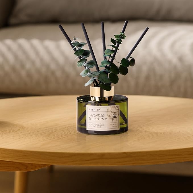 Reed Diffuser Set with 6.76 fl oz Lavender Eucalyptus Scent Essential Oils and 3 Leaves & 8 Diffuser Sticks,Bathroom Shelf Decor & Air Freshener, House Bedroom Office Decor & Gifts