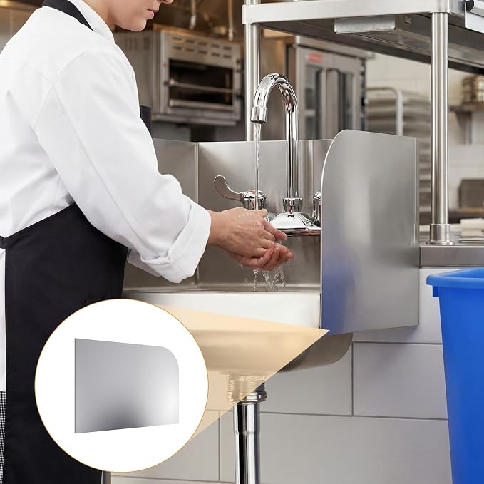 Lewtemi 1 Pcs 14" X 10" Sink Splash Guard for Kitchen 304 Stainless Steel with Double-sided Tape Wall Mount Side Splash Guards Protection for Commercial Kitchens Restaurant Bar Hand Sink