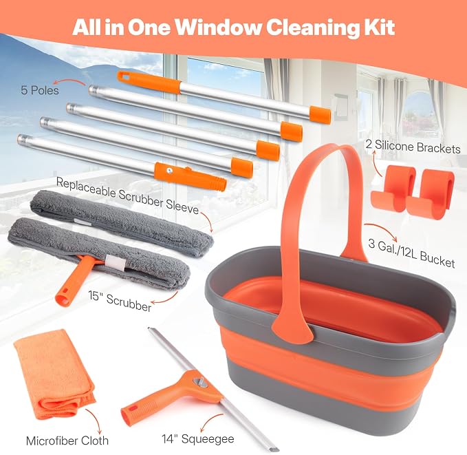 Professional Window Cleaning Kit with Collapsible Bucket for Home, Outdoor | 61" Long Handle Window Squeegee, Microfiber Scrubber, 3 Gal Bucket, High Window Washing Kit, Window Cleaner Tool, Commercial
