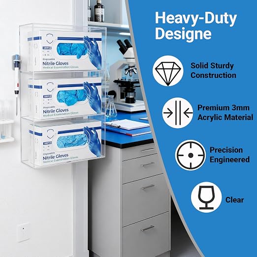 Triple Glove Box Holder Wall Mount, 3 Compartments Clear Acrylic Rubber Nitrile Gloves Dispenser for Lab, Hospital, Kitchen - Side-Loading - Mounting Hardware Included -10 x 3.5 x 16.4 IN