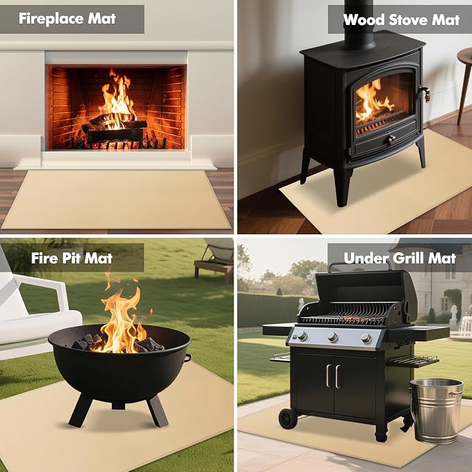 Hearth Rugs for Fireplaces Fire Resistant, 4' x 2'4" x 0.04'', Khaki | 1800°F fireplace mat, fiberglass fireplace rugs fireproof protect floors carpets from sparks embers, easy to clean, versatile