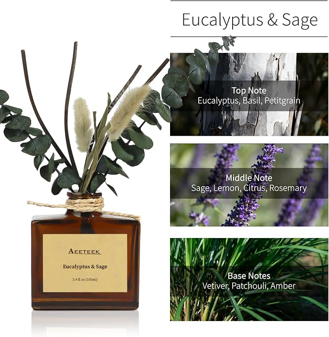 Reed Diffuser, Sage & Eucalyptus Essential Oil Diffuser for Bathroom, 3.4 oz Scented Diffusers, Long-Lasting Fragrance for Home Decor with Dried Flowers | 3.4 oz(100ml) Scented Diffusers, Long-Lasting Fragrance for Home Decor with Dried Flowers