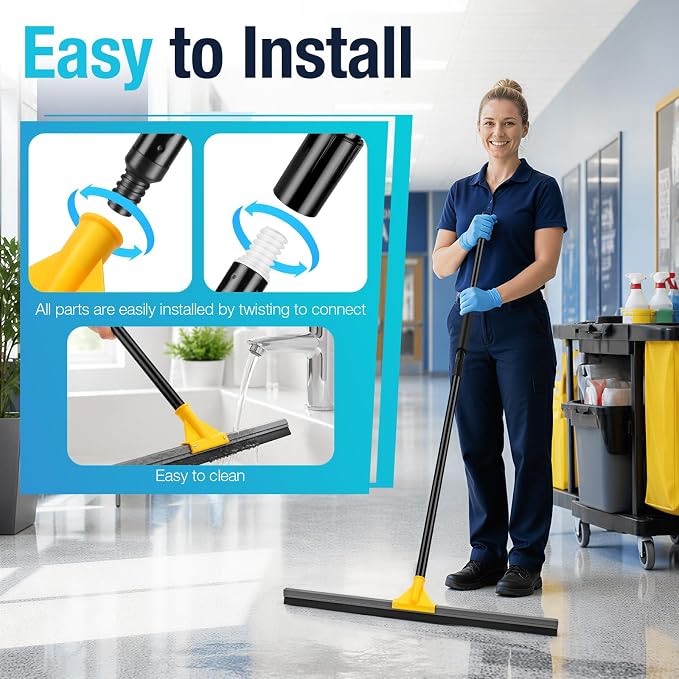 SOBONNE 30" Large Floor Squeegee Broom for Concrete Water Removal | Heavy Duty Double Rubber Water Squeegee/57" Long Handle for Tile Deck Bathromm Pool Warehouse Outdoor/Yellow