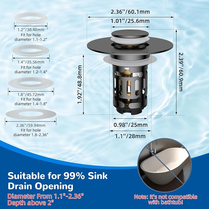 Hibbent Upgraded 3 in 1 Bathroom Sink Drain Strainer, Universal Pop Up Stopper with Removable Stainless Steel Filter Basket Hair Catcher, Sink Plug for 1.1''~2.36'' Basin, Brass Bullet Core, Grey