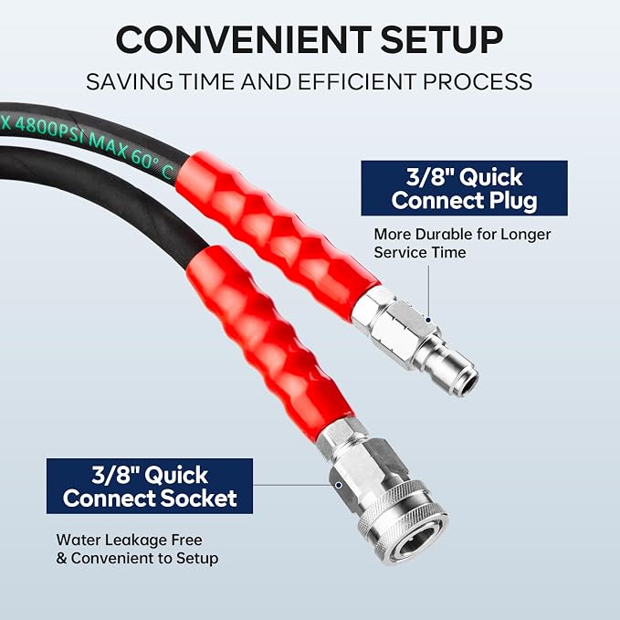 Pressure Washer Hose 50FT 4800PSI with 3/8 Inch Quick Connect, Kink Resistant Industry Grade Steel Wire Braided, Wear Resistant Power Washer Hose with M22 14mm Adapter