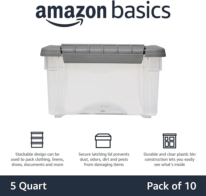 Amazon Basics Plastic Storage Containers with Secure Latching Lids, Stackable Organization Bins, Clear/Grey, 5 Quart, Set of 10