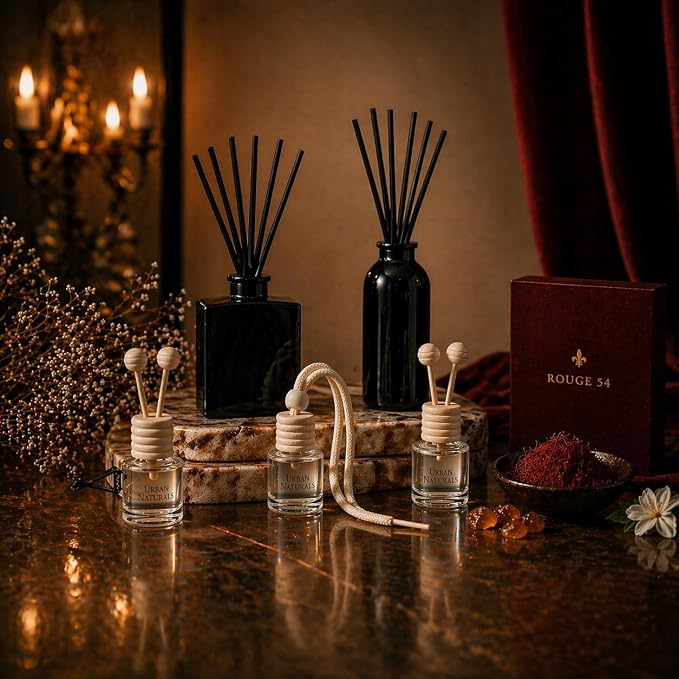 Reed Diffuser Set, Rouge 54 - Bathroom Shelf Décor | Saffron, Jasmine, Amber and Woods, Aromatic Home Fragrance, Made in the USA