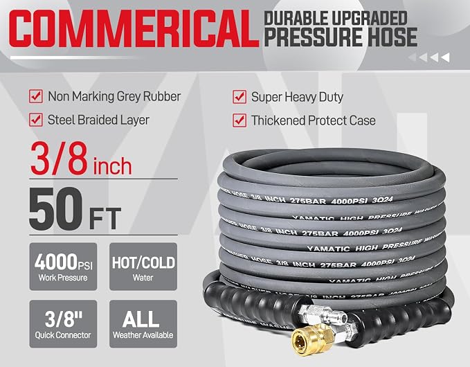 YAMATIC 3/8" ID Pressure Washer Hose 50 FT, 4000 PSI, Kink-Resistant 3/8Inch Swivel Quick Connect, Non-Marking Rubber Jacket, Steel Wire Braided, Hot Water 212°F Replacement Power Washer Hose