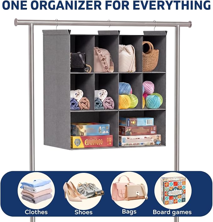 3 Tier Hanging Closet Organizer, 10 Compartments Dual Row Storage, Grey | Closet Organizers and Storage with Large & Small Pockets, 3 Sturdy Hooks Support Heavy Loads, for Dorm, RV, Garment Rack