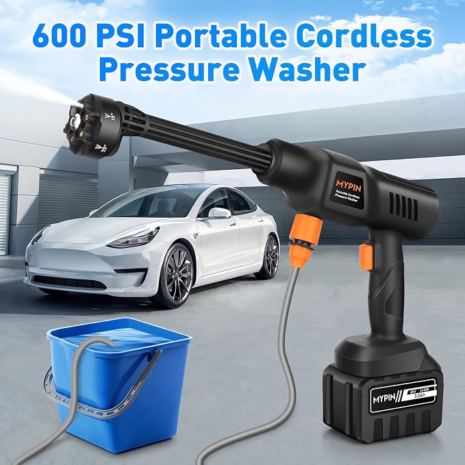 Portable Cordless Pressure Washer, 600PSI Brushless Handheld Wash Machine | 3.0Ah Rechargeable Battery Powered Pressure Washer, 6-in-1 Nozzle with Standard Nozzle for Car Floor Wall Fence Pet Cleaning