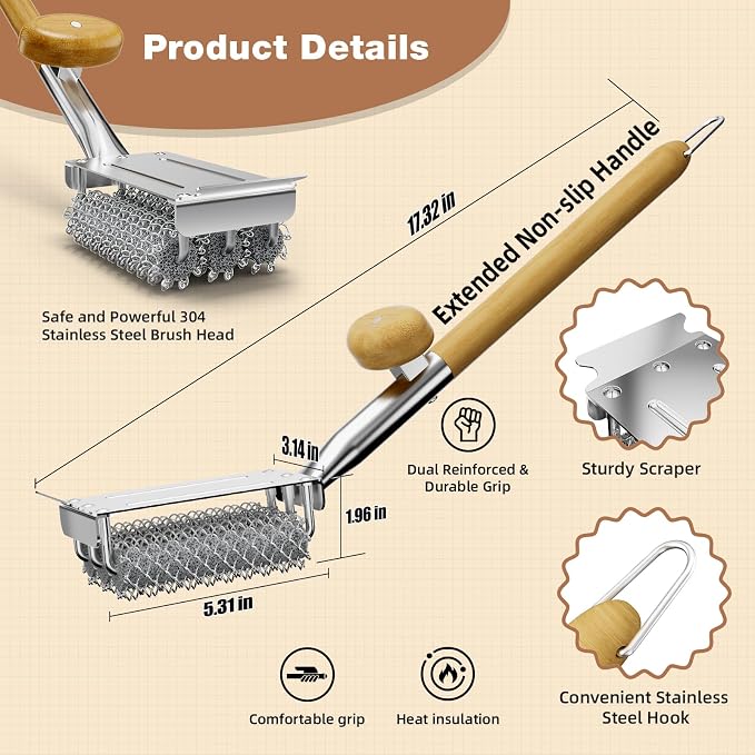 HOUSE AGAIN Grill Brush and Scraper Bristle Free with Dual Grip, 304 Stainless Steel Food-Grade Brush Head, Outdoor Grill Cleaning Brush Safe BBQ Grill Accessories Cleaner for Porcelain/Weber/Charcoal