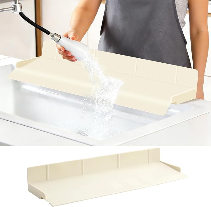 Full-Coverage Sink Splash Guard – 27.6 Inch Extra-High Ramp with Super Strong Suction Cups, Silicone Sink Splash Guard with Front-Edge Storage for Kitchen (White, 27.6''x4.7''x2.8'')