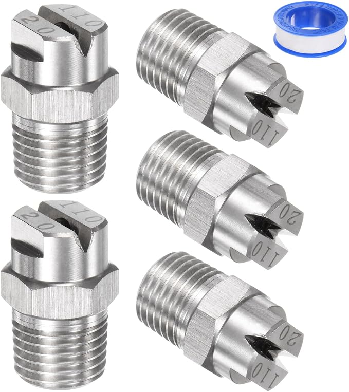 M METERXITY 5-Pack Flat Fan Spray Tip, 110 Degree 1/4BSPT Male Stainless Steel Pressure Washer Nozzles Cleaner Nozzle Replacement W Sealing Tape for Water Guns (3.6mm Orifice)