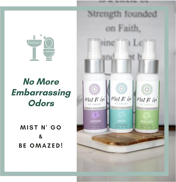 Mist N’ Go by Omaze Travel Bathroom Spray for Toilet Spray Odor Eliminator - Travel Toilet Spray for Bathroom Air Freshener Spray for Bathroom Deodorizer - Lavender Regular Size (2oz x5)