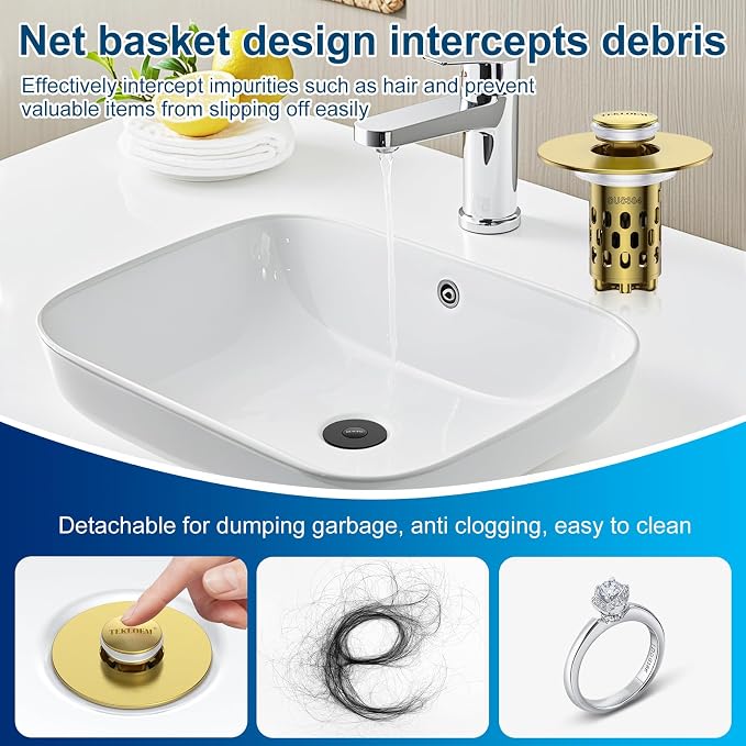 Bathroom Sink Drain Strainer,All Metal Pop-Up Sink Stopper with Removable Stainless Steel Filter Basket, Universal Bathroom Hair Catcher Fit for 1.1-2.36'' Drain (Gold, 1 Pack)