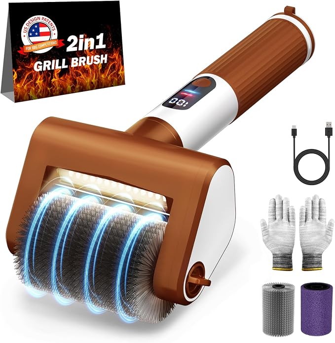 Electric Grill Brush, 2-Speed BBQ Grill Brush with LED Light/Screen Powerful Cleaning 800RPM/4000mAh/2 Brush Heads No Bristle Shedding Rechargeable Lightweight Grill Cleaner for Outdoor/Camping