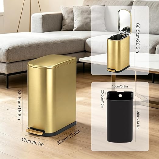SYNCVIBE Slim Bathroom Trash Can with Soft Close Lid Stainless Steel Garbage Can Step Trash Bin with Removable Inner Bucket for Bedroom, Office, Kitchen (Gold, 3.5 Gallons)